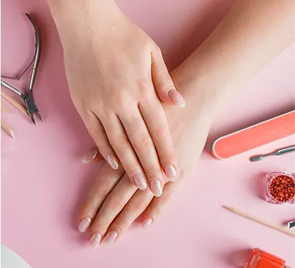 nail care procedure beauty salon female hands tools manicure pink background